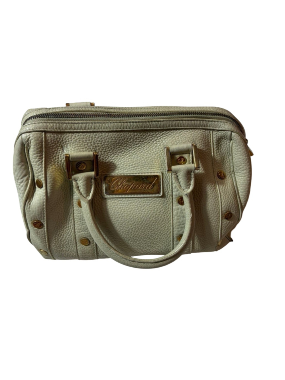 Chopard Off White Pebbled Leather Studded Boston Bag FLAWED